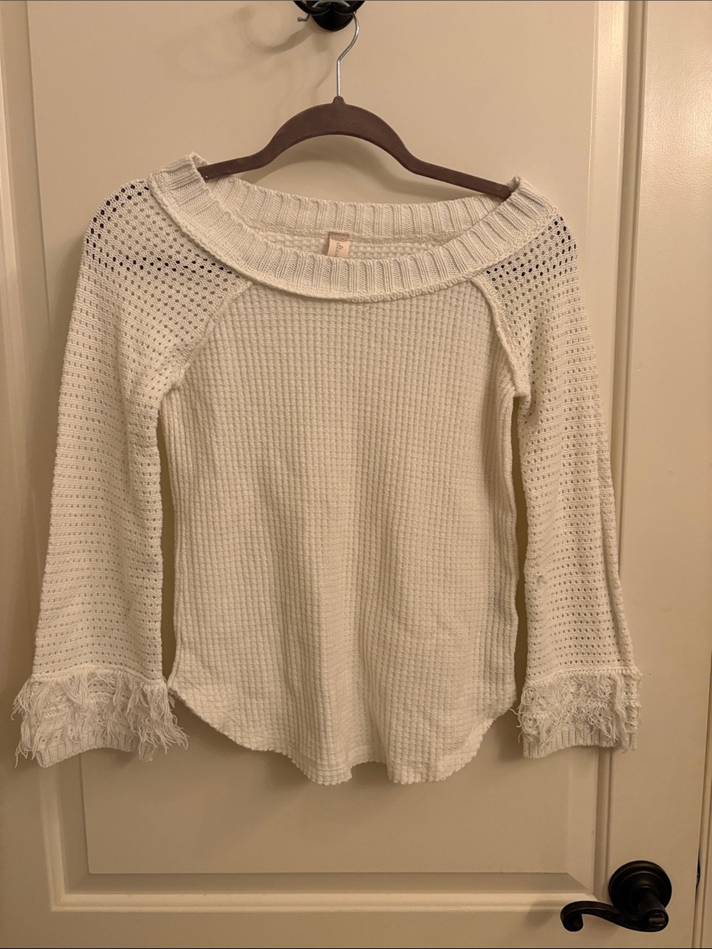 Altar'd State Cream Off-the-Shoulder Fringe-Sleeve Sweater